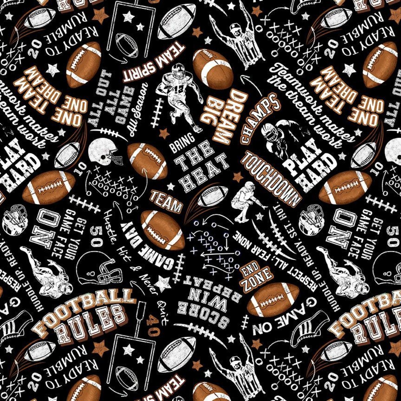 Fabric Timeless Treasures Black Football Rules Football Season by the Quarter Yard GAIL-CD3717